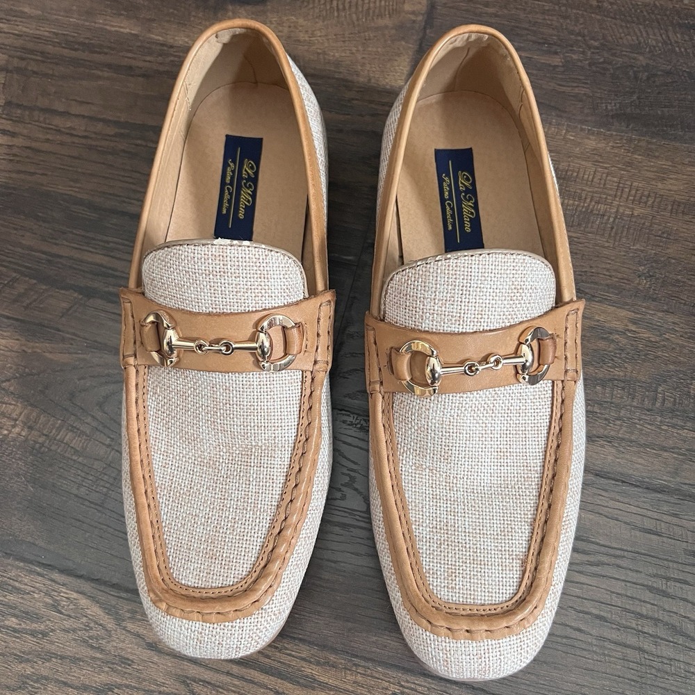 La Milano Mens 8.5 Leather Brown Casual Canvas Slip On Dress Loafers Shoes Gold